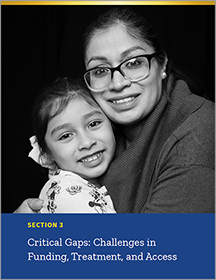 Opening page of the report section entitled Critical Gaps, featuring a black and white photo of a mother and daughter.