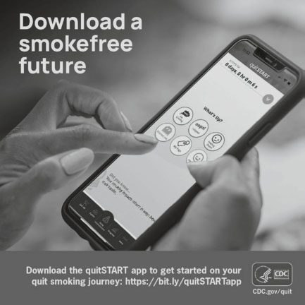 Close-up of a hand holding a smartphone displaying the quitSTART app with icons for tracking and support. Text reads “Download a smokefree future.” Footer includes CDC logo and link to https://bit.ly/quitSTARTapp for quitting smoking.