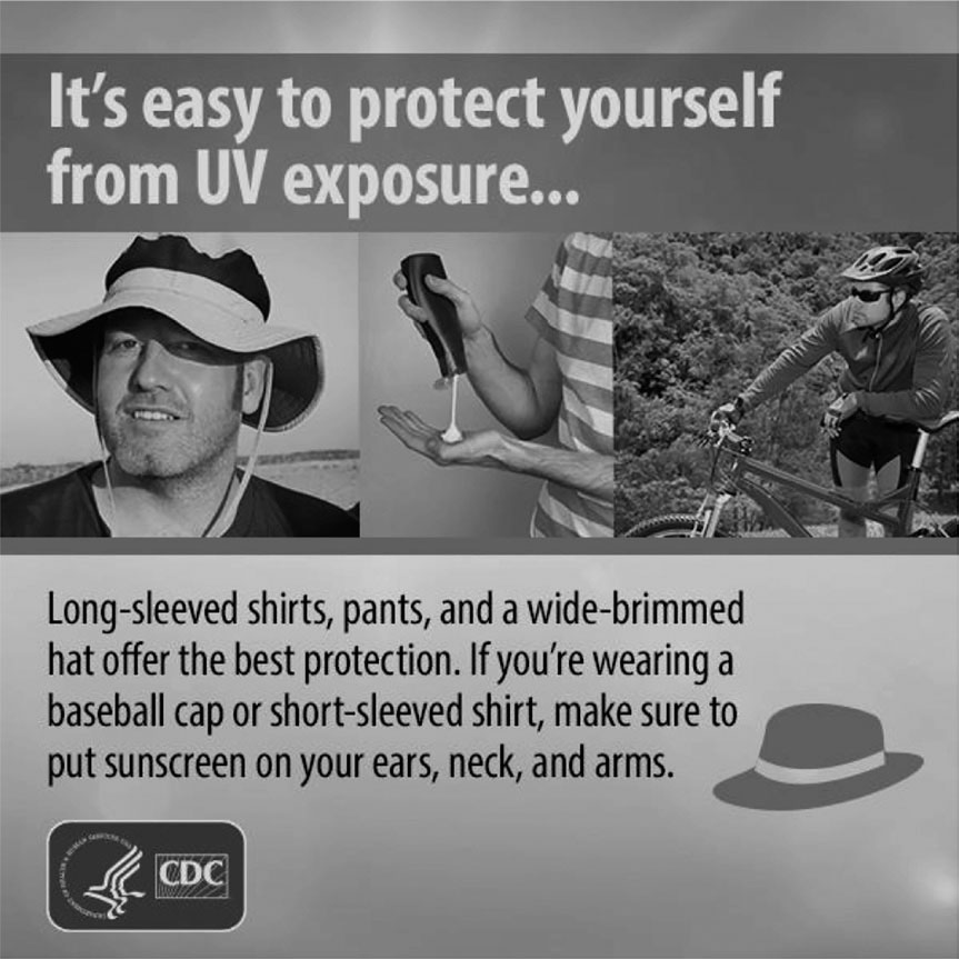 Infographic titled “It’s easy to protect yourself from UV exposure” showing a person in a wide-brimmed hat, someone applying sunscreen, and a cyclist. Text advises wearing long sleeves, pants, and hats or applying sunscreen to exposed areas.