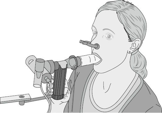 Illustration of a woman performing a spirometry test, holding a handheld spirometer with a mouthpiece and connected tubing, used to measure lung function during respiratory assessment.
