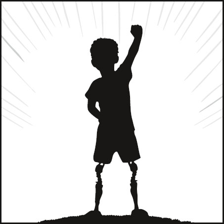 Silhouette of a child standing with one arm raised in a triumphant pose, wearing two prosthetic legs, with radiating lines in the background symbolizing strength and empowerment.