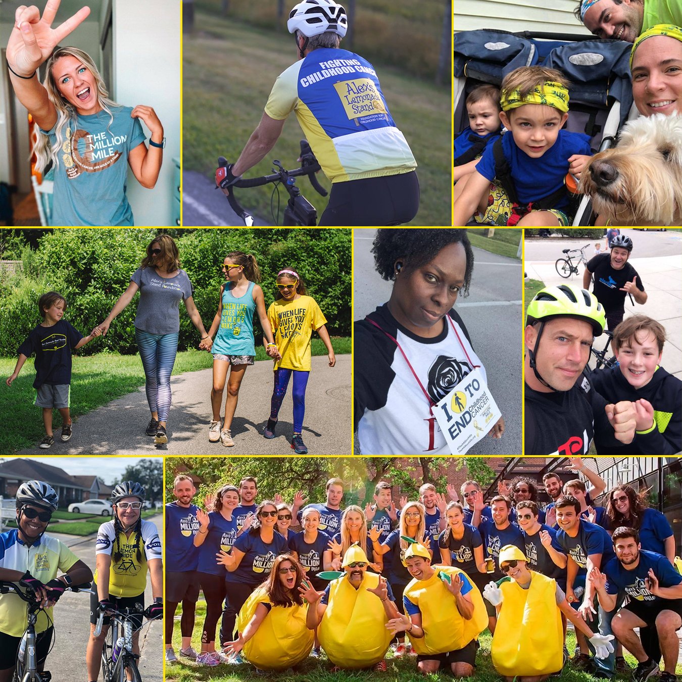 Collage of Million Mile participants of all ages biking, running, walking
