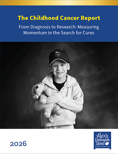 Cover of The Childhood Cancer Report, featuring a black and white image of a child with cancer holding a stuffed animal