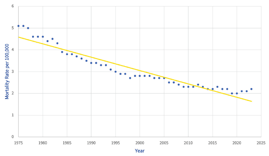 Mortality Rates 1975-2024, United States