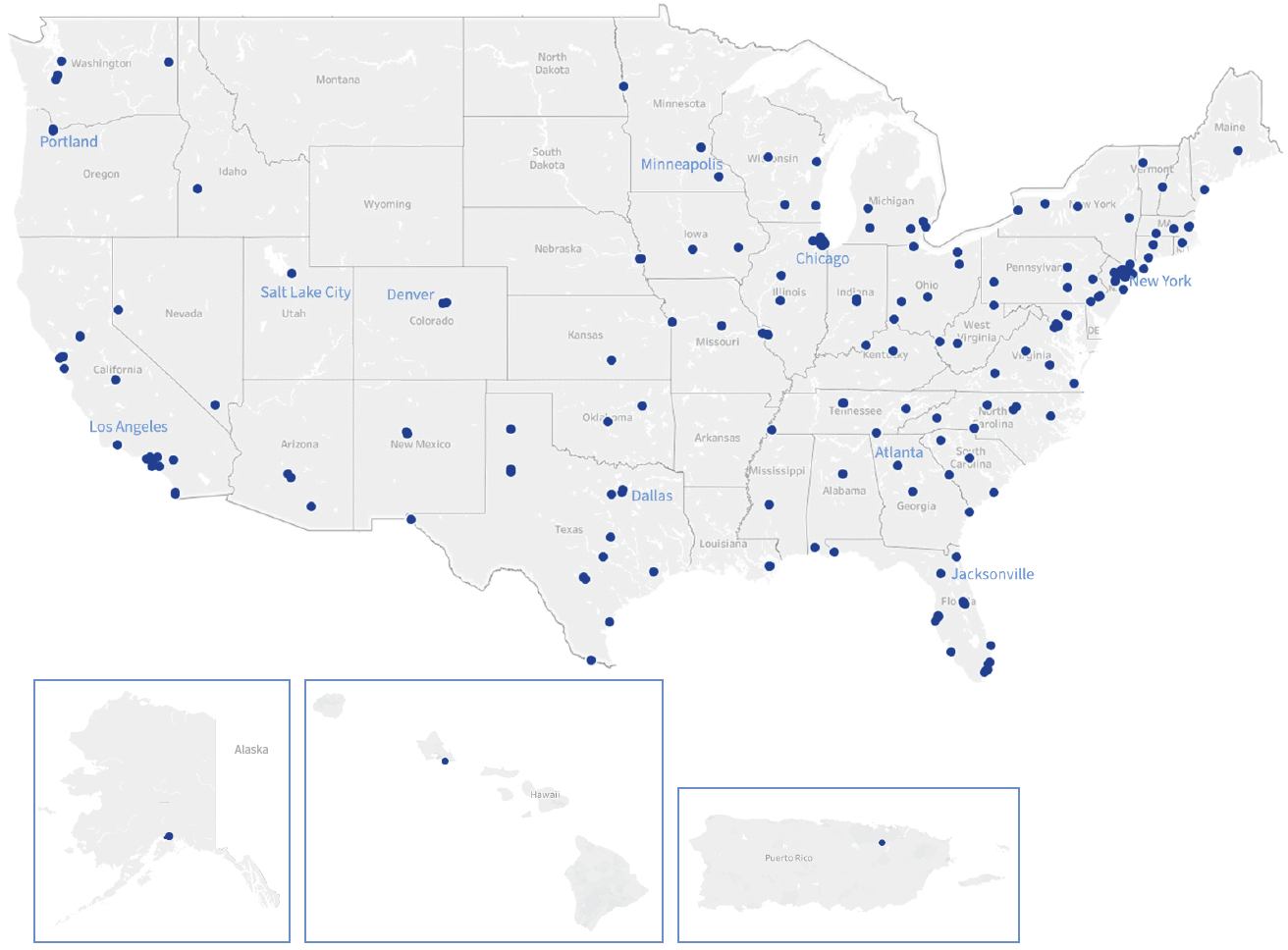 Map showing Children’s Oncology Group Centers in the United States; urban areas tend to have more centers.