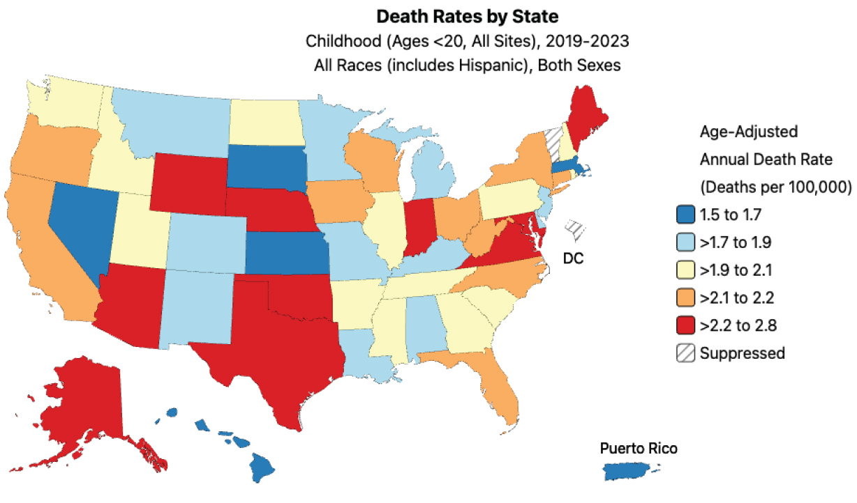 Map showing death rates by state between 2017 and 2022.