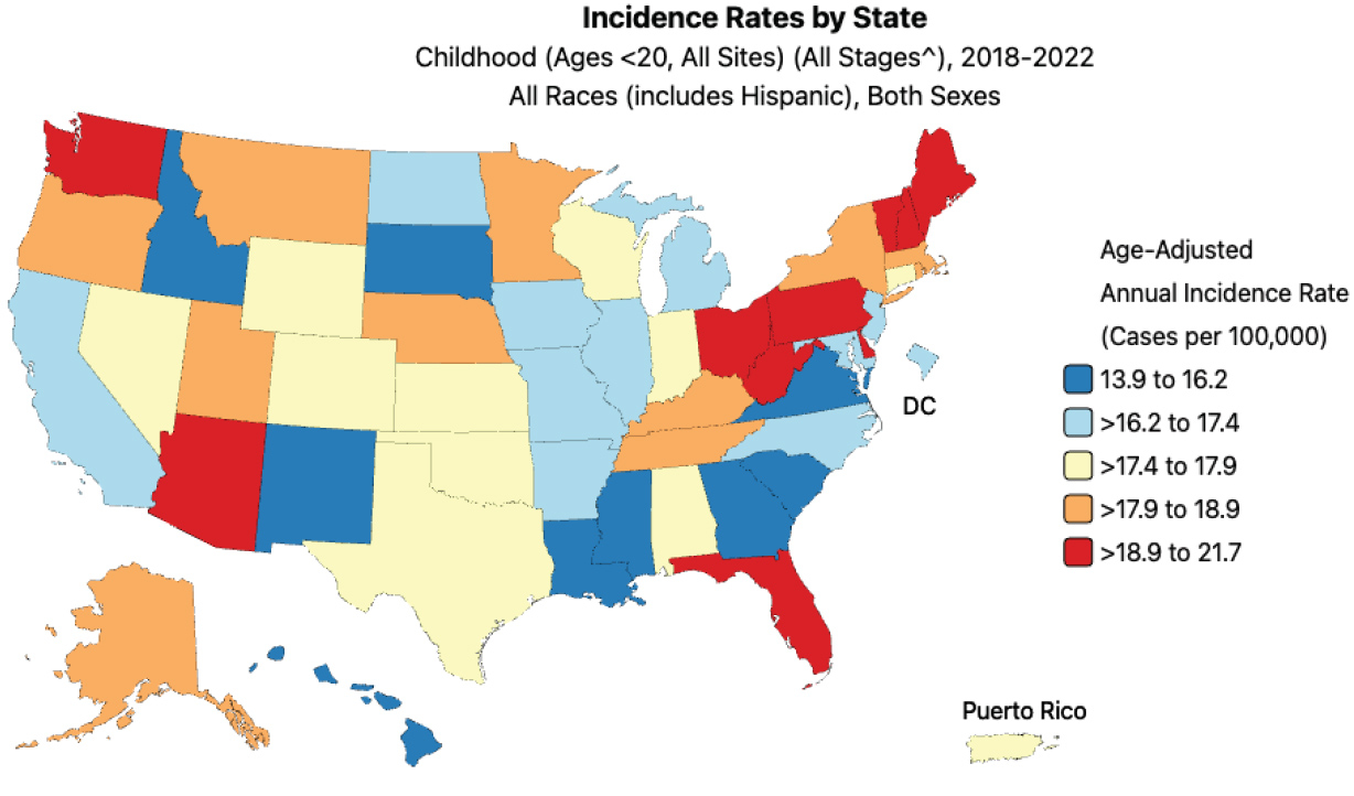 Map showing incidence rates by state between 2017 and 2022.