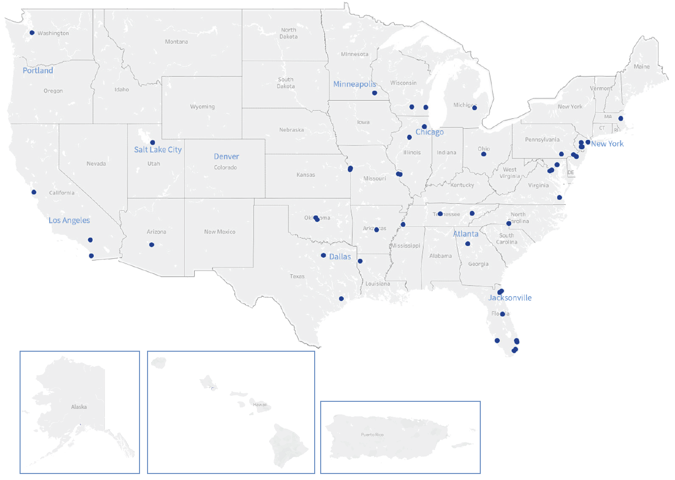 Map showing proton radiation centers in the U.S.